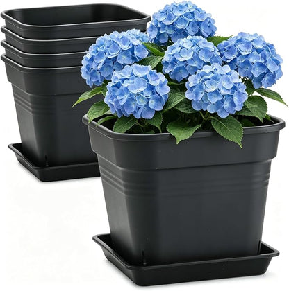 BTPLASTIK 10 Inch Square Planters with Saucers 5 Pack, Heavy Duty Black Plant Pots, Air Pruning & Super Ventilation, Anti-Crack Garden Pots for Indoor Outdoor Orchids Vegetables Trees