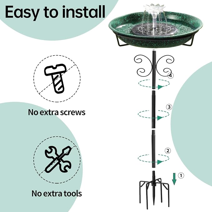 Solar Powered Bird Bath with Fountains for Hummingbirds,Stable Stylish Design with 5-Prong Base Stake Metal Bird Bath for Outside Yard Lawn Patio Garden