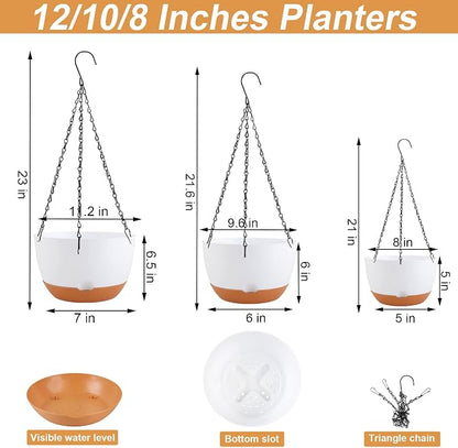 KPUVX 8/10/12 inch Hanging Planters for Indoor Outdoor Plants with Self-Watering Pots, 3 Pack Plastic Hanging Basket with Removable Tray for Home Garden Porch Balcony Patio Decor(White)