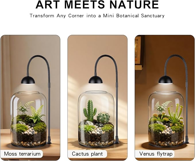 Glass Plant Terrarium with LED Grow Light, Adjustable Ventilation Desktop Indoor Planter for Venus Fly Trap, Moss & Succulents, 8.2" Borosilicate Mini Greenhouse for Home Office Decor