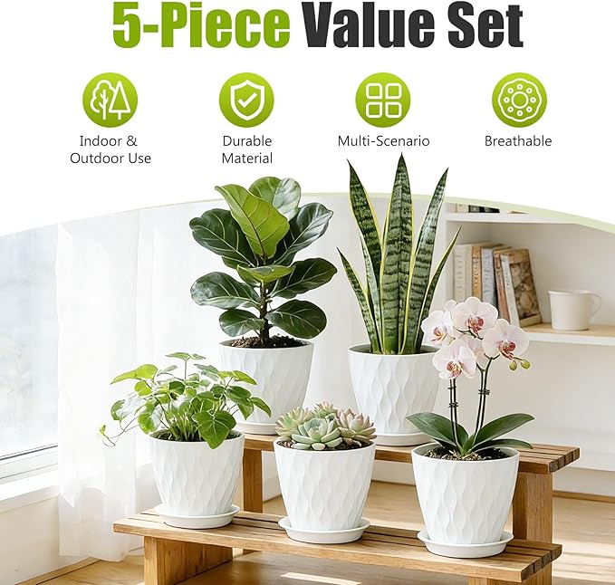 8 Inch Plastic Plant Pots,Set of 5 Flower Pots,Planters with Drainage Holes & Saucers, Indoor Outdoor Garden Pots for Home Decor(White)