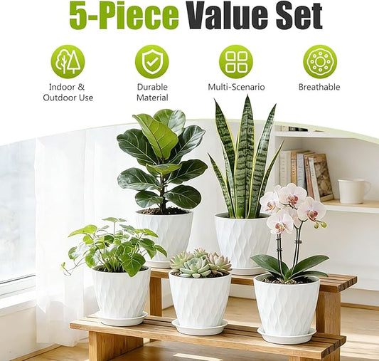 8 Inch Plastic Plant Pots,Set of 5 Flower Pots,Planters with Drainage Holes & Saucers, Indoor Outdoor Garden Pots for Home Decor(White)
