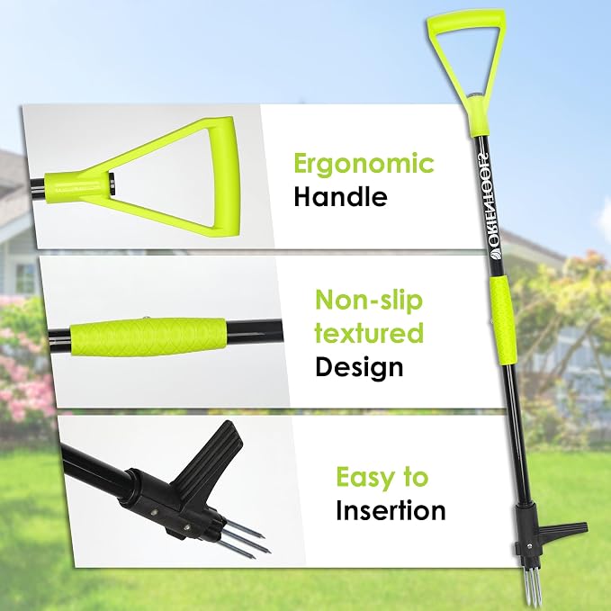 ORIENTOOLS Weed Puller Stand Up Weeder Hand Tool with 3 Claws for Dandelion, Steel Twist Hand Weed Root Pulling Tool Grabber and Picker, 38" Long Handle Lawn Easy Root Remover Garden Tool with D-Grip