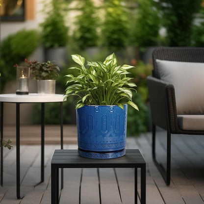 Eightpot Ceramic Planter - 8 Inch Plant Pot Indoor with Drainage Holes and Saucer Round Planter Outdoor Mid-Century Modern Flower Pot Succulent Pot for Home Decor Blue