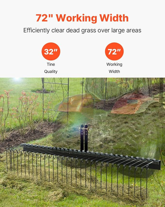 VEVOR Tow Behind Landscape Rake, 72" Lawn Dethatcher Rake with 32 Steel Tines, Attaches to Category 1, 3 Point Hitch for Tractor, Heavy Duty Tow Dethatcher for Leaves, Pine Needles, Straw, and Grass
