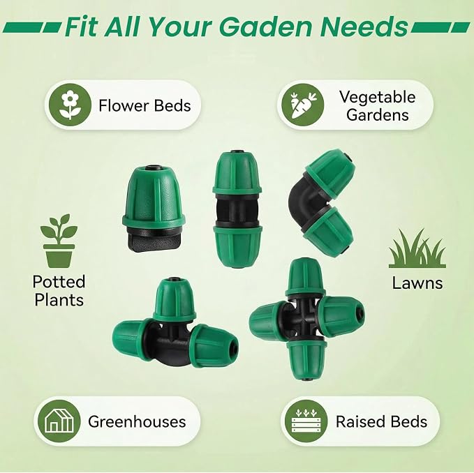 70 Pcs 1/4 Inch Drip Irrigation Fittings Kit,Drip Irrigation Hose Connector for 1/4 Inch Drip Tubing with 25 End Plugs, 15 Tees,10 Straight Couplings,10 Elbows,10 Cross 4-Way Connector