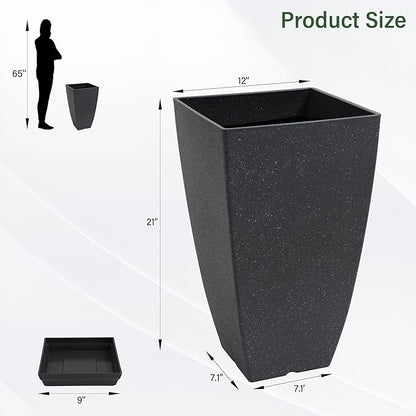 Neoaider Set of 2 Tall Planter, 21 inch Large Plastic Planter, Cement Gray | Ceramic-Look, Lightweight, Built-in Drain Hole, Saucers, Tall Outdoor Planter for Porch, Garden, Patio, Balcony