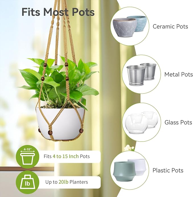 USLAI Macrame Plant Hanger Indoor Outdoor, Fits 4 to 15 Inch Pots, Strong Hanging Planter Holder, Boho Home Decor, 35 Inch, Brown, Set of 3 (POTS NOT Included)