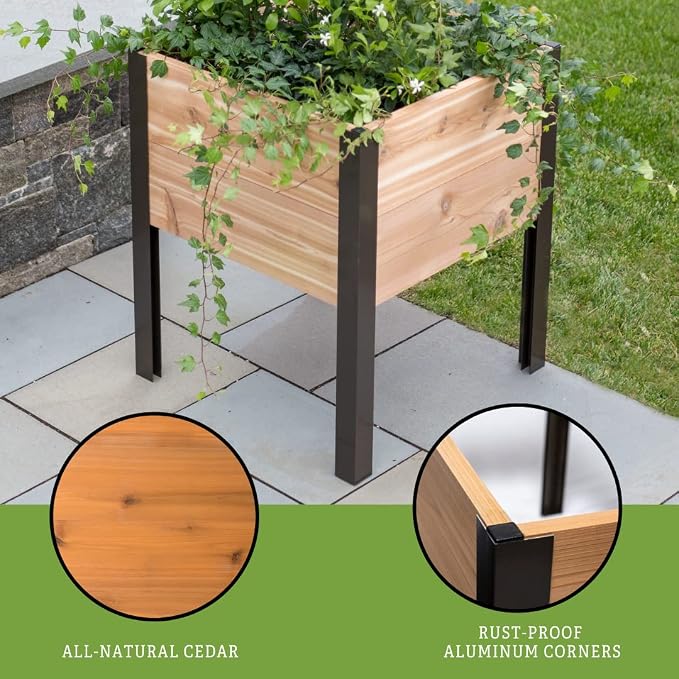 Gardener's Supply Company Raised Garden Bed Elevated Cedar Planter Box | 2' x 2' Heavy Duty Standing Garden Planters for Outdoor Plant Vegetables & Flower Gardening Perfect for Patio, Lawn & Backyard