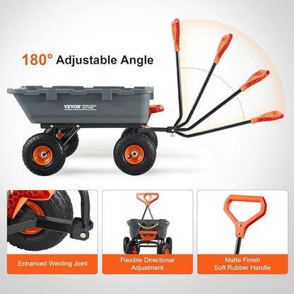 VEVOR 800lbs Poly Dump Garden Cart, Heavy Duty Yard Dump Cart Wagon, 4 Wheel Wheelbarrow with 10in Tires, 180°Rotating Handle, Steel Frame and Quick Release System