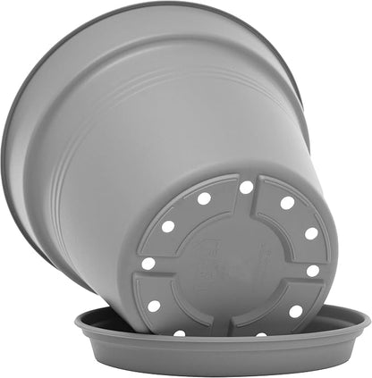 Mintra Garden Pots, 4 Pack Bulk Plastic Plant Pots with Drainage Tray, Round Indoor & Outdoor Decorative Planters with Drain Holes for Flowers, Herbs & Plants, 17cm Diameter – Grey, 6.6 in