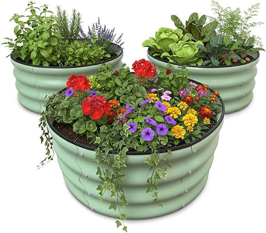 Raised Garden Bed, Metal Planter Box, Oval Shape, Outdoor Planting Flower Herb Vegetable Box (3 PCS of 2x2x1 ft, Green Round)