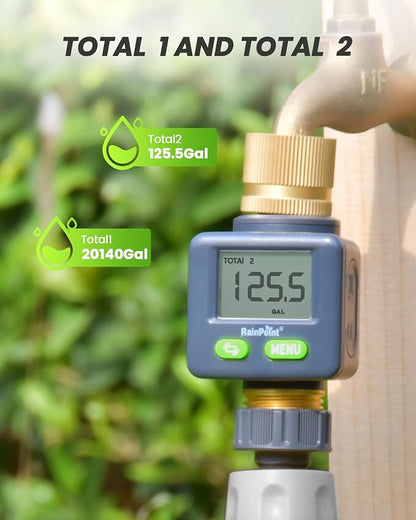RAINPOINT Water Flow Meter with Brass Inlet & Outlet, 180° Screen-Flip Water Meter, Measure Gallon/Liter Consumption for RV Filling, Garden Watering, Sprinkler and Hoze Nozzle, 2pcs