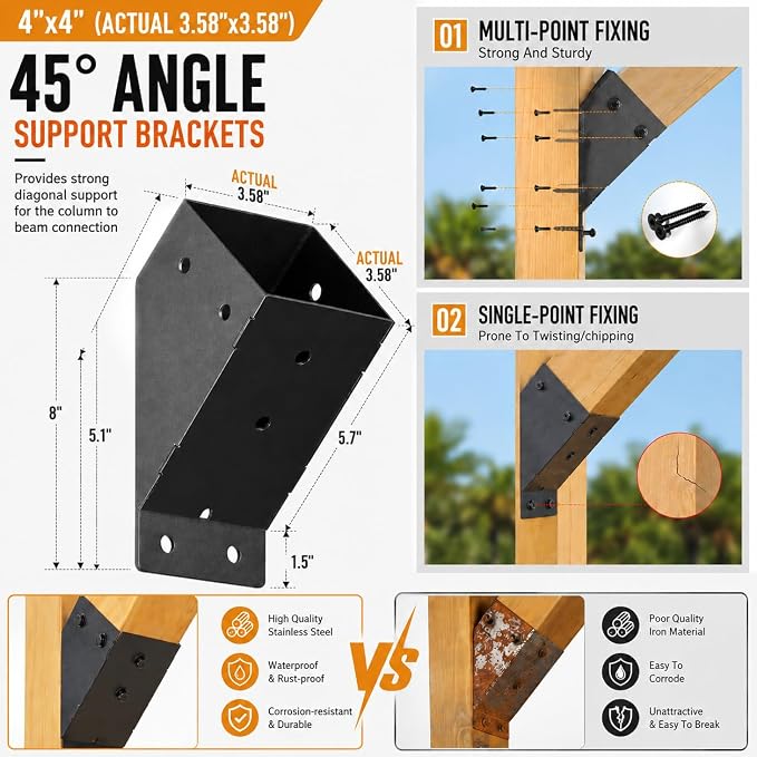 45 Degree Pergola Brackets for 4x4 Lumber, Q235 Steel, 8 Pack | Black Powder-Coated Finish, Drain Holes and 304 Stainless Steel Screws for Gazebos, Decks and Cabins