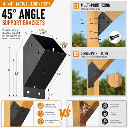 45 Degree Pergola Brackets for 4x4 Lumber, Q235 Steel, 8 Pack | Black Powder-Coated Finish, Drain Holes and 304 Stainless Steel Screws for Gazebos, Decks and Cabins