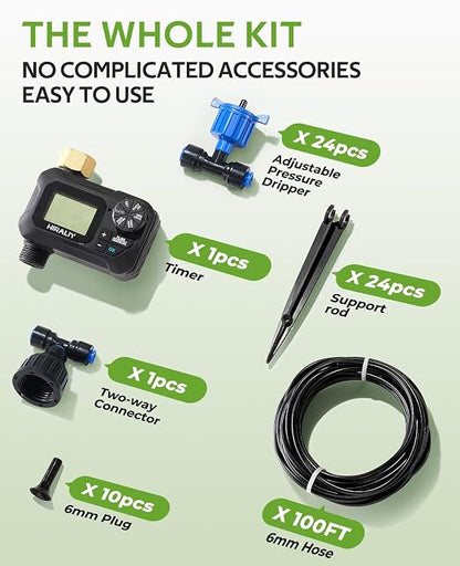 HIRALIY 100FT Drip Irrigation System with Timer, Pressure Compensated Watering Kit with 24 Adjustable Emitters, Quick Connect Garden Irrigation for Raised Beds, Greenhouses and Garden Rows
