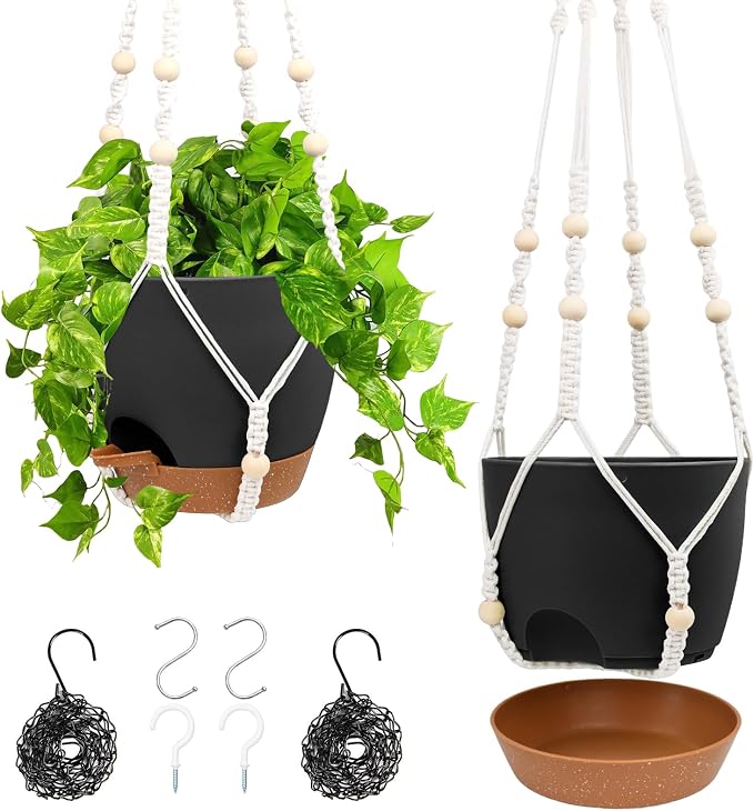 Vanslogreen Hanging Planters for Indoor Outdoor Plants, 2 Pack Self Watering Hanging Pots, Hanging Plant Baskets with Drainage Holes & 2 Types of Plant Hangers (Black, 6'')