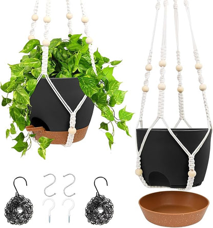 Vanslogreen Hanging Planters for Indoor Outdoor Plants, 2 Pack Self Watering Hanging Pots, Hanging Plant Baskets with Drainage Holes & 2 Types of Plant Hangers (Black, 6'')