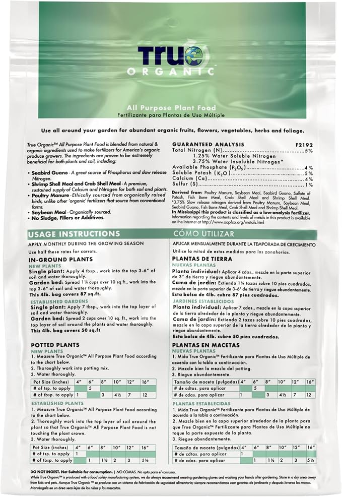 True Organic All Purpose Plant Food – Organic Fertilizer for Fruits, Vegetables, Flowers, and Herbs – 8lb Bag Covers 174 sq. ft.