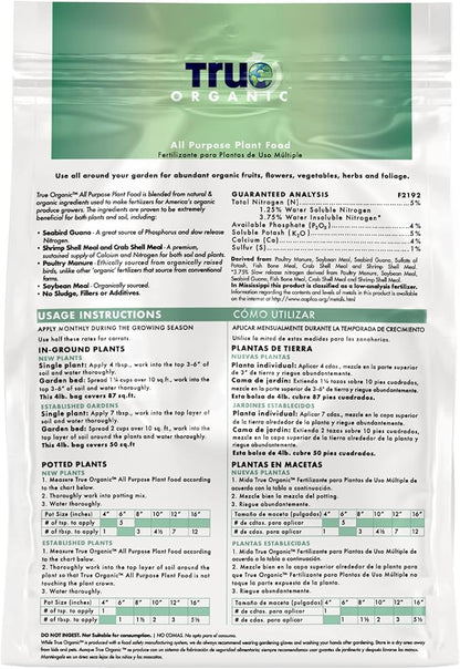 True Organic All Purpose Plant Food – Organic Fertilizer for Fruits, Vegetables, Flowers, and Herbs – 12lb Bag Covers 261 sq. ft.