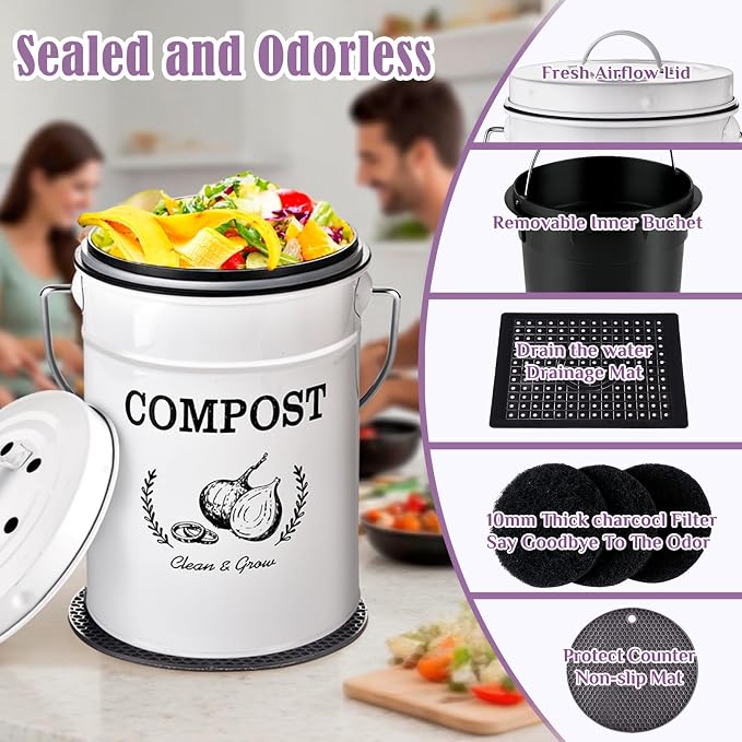 AOSION 1 Gallon Countertop Compost Bin for Kitchen with Lid,Odor Resistant | Farmhouse compost bin with charcoal filter,inner bucket and bags,easy kitchen food waste storage