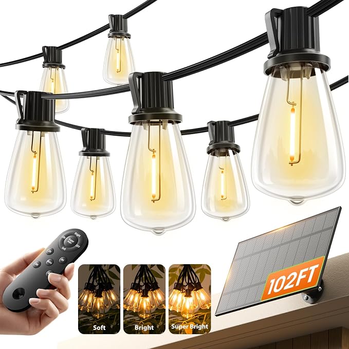 KYY 102FT(96+6) Solar String Lights Outdoor with USB Port Remote Control, LED Waterproof Solar Powered Patio with 32 Sockets, Heavy-Duty and UL Listed Porch Market Lights