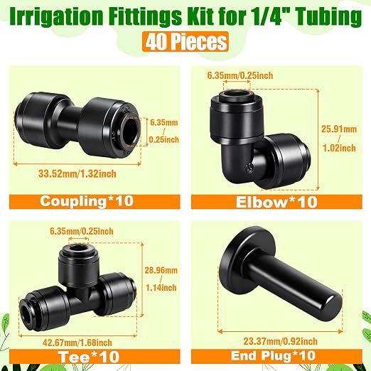 1/4 Inch Drip Tubing Irrigation Fittings Kit - 40 Pieces Set 1/4'' Drip Line Push-to-Fit Connectors Includes 10 Tees 10 Coupling 10 Elbows 10 End Cap