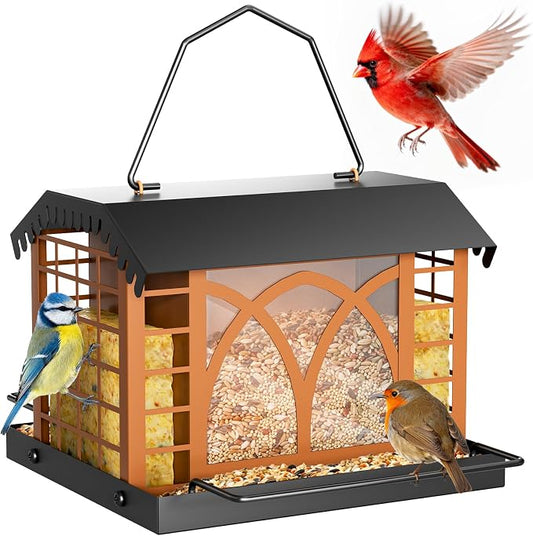 Bird Feeders for Outdoors Hanging, Metal Bird Feeder with Double Suet Cage Weatherproof Metal Roof, 3.5Lbs Large Capacity Great for Attracting Finch Cardinal Chickadee Wild Birds, Pinecone Brown