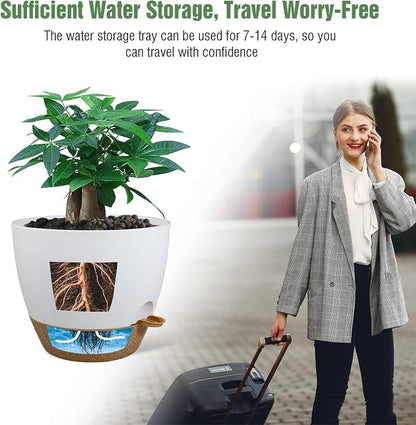 UOUZ 12inch 2Pack Large Self Watering Planters, Plastic Plant Pots with 60oZ Removable Deep Reservoir and Multi Mesh Drainage Holes for Indoor Outdoor Garden Plants and Flowers, White with Brown