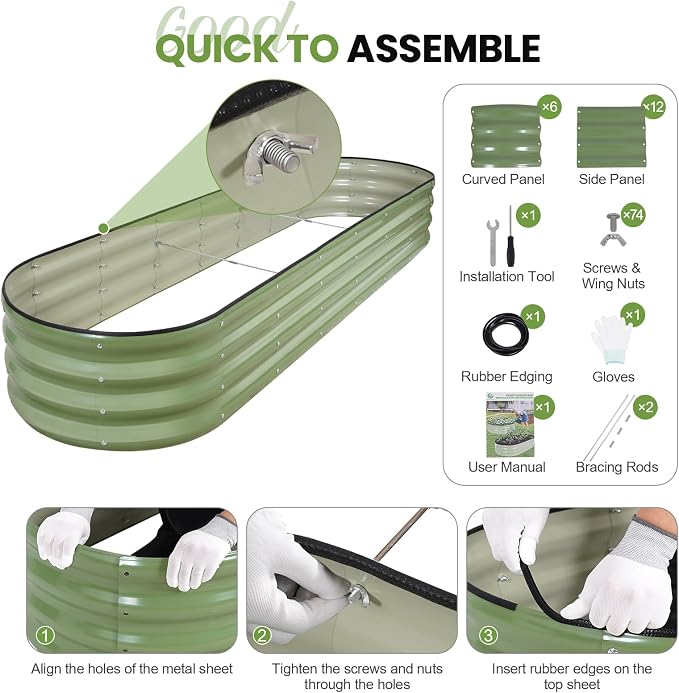 G GOOD GAIN Raised Garden Beds - 8x2x1ft Galvanized Planter Boxes Kit with Protective Tape & Gloves & Tools | Oval Metal Outdoor Raised Bed for Gardening Vegetables, Fruits, Flowers, Herbs, Oliver