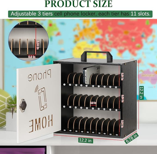 Echaprey Cell Phone Holder Classroom Adjustable 33 Slots Pocket Chart Wooden Cell Phone Storage Cabinet with Handle and Lock Desktop Cell Phone Holder for Classroom Office (Black)