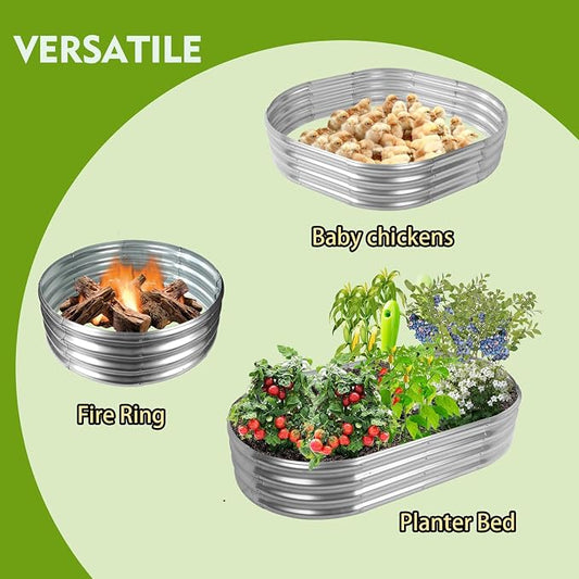 12" Tall Oval-Shaped / Elliptic Metal Raised Garden Bed Outdoor Silver | 60X32X12 Inch,1FT Tall,0.8MM Thick Galvanized Metal Painted,for Variety of Flowers,Herbs,Vegetables.with Gloves,Tool free