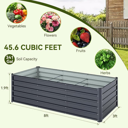 Ohuhu 8x3x1.9 FT Metal Raised Garden Bed Outdoor, Reinforced Deep Root Galvanized Steel Rustproof Planter Box, 100% Non-Toxic, 341 Gal Heavy Duty Tall Raised Beds for Growing Vegetables Flowers Herbs