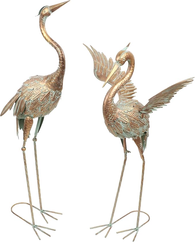 TERESA'S COLLECTIONS Garden Decor, Set of 2 Cranes Garden Decor, 25-26", Elegant Cranes with Golden Painting, Waterproof Metal Garden Statue, Herons Gifts Birthday Gifts for Women Mom