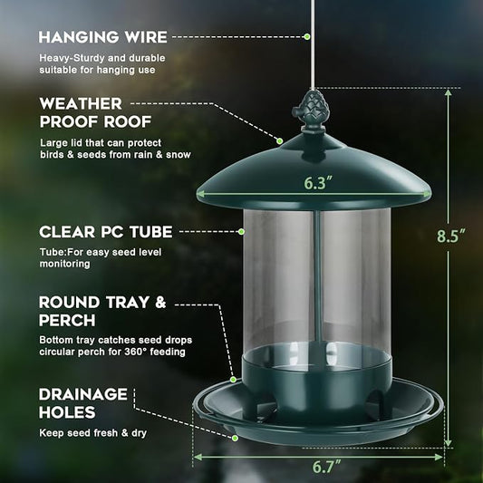 Metal Bird Feeders for Outdoors Hanging, Weather Resistant Wild Bird Feeder with 360 Degree Feeding Tray, Green, 2 Pack
