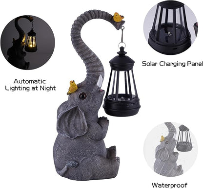 Solar Outdoor Garden Decor Elephant Statues Lights, Lucky Elephant Unique Mom Birthday Gifts for Mom, Housewarming Gifts and Yard Decoration, Cute Birds Garden Sculpture Decor