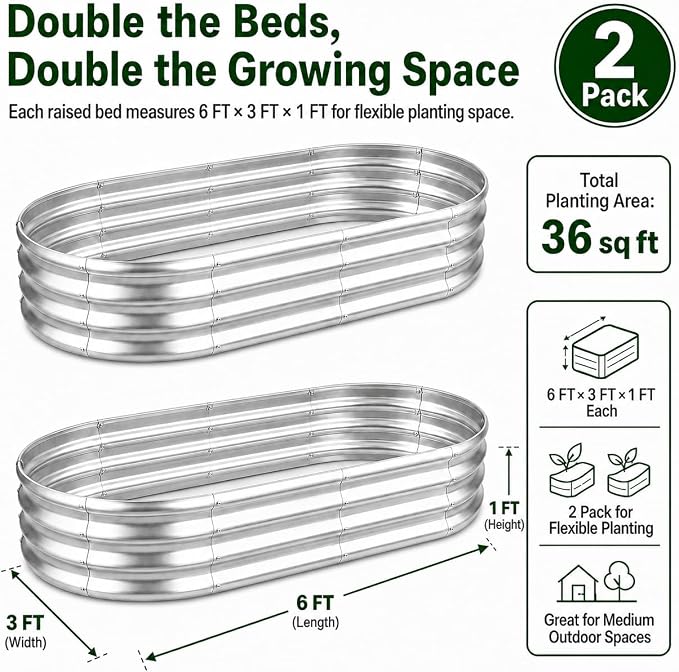 HOOPLE 2 Pack Raised Garden Bed 6x3x1FT, Galvanized Metal Raised Garden Bed Outdoor, Oval Design with Open Base for Better Drainage, Easy Gardening for Vegetables, Flowers & Herbs