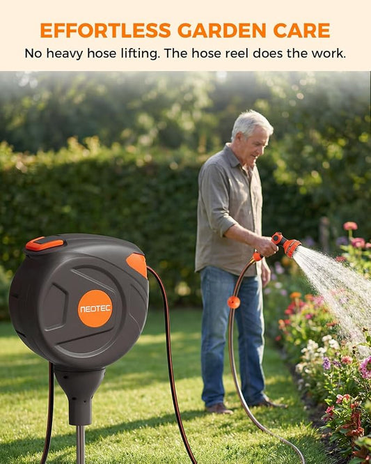 NEO-TEC No-Drill Ground-Mounted Retractable Garden Hose Reel 82 ft x 1/2 Inch, Freestanding 360° Swivel Water Hose with Any-Length Lock & Slow Return for Large Yard & Lawn