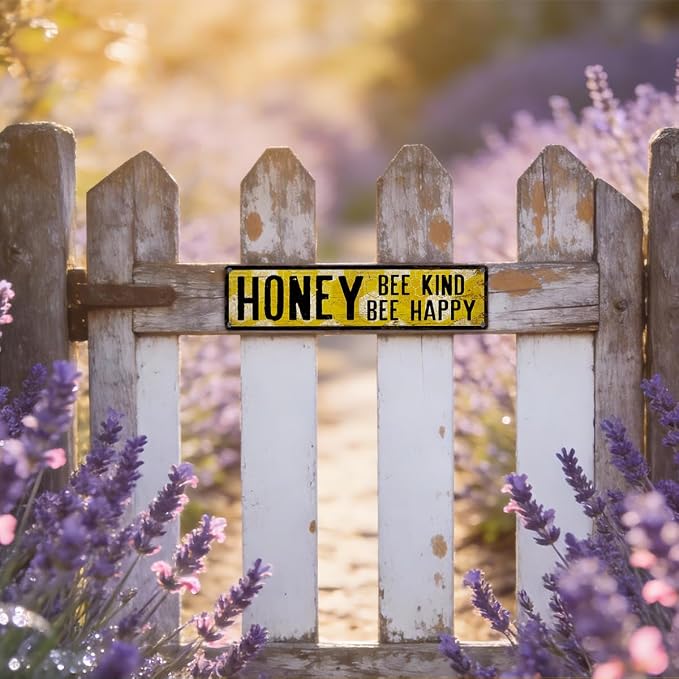 Honey Metal Tin Sign, Vintage Bee Decor, Rustic Farmhouse Wall Art, for Garden Yard Fence Porch Door, Indoor Outdoor Garden Decoration, Ideal for Bee Lovers, 15.7 x 3.9 Inches