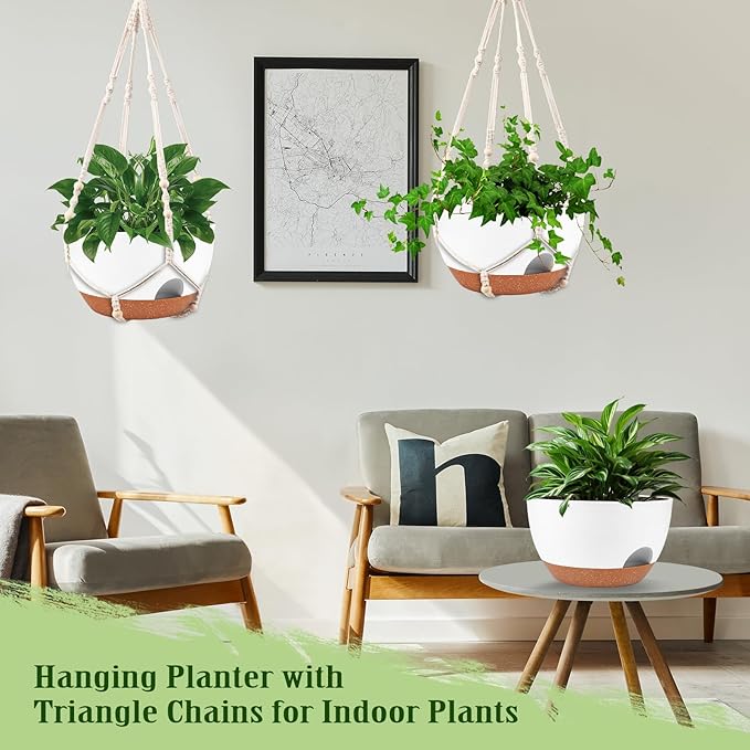 10 Inch Self Watering Hanging Planters with Metal Chain & Macrame Hangers | Reservoir, Drainage Holes, Hanging Planter Basket for Indoor & Outdoor Plants, White