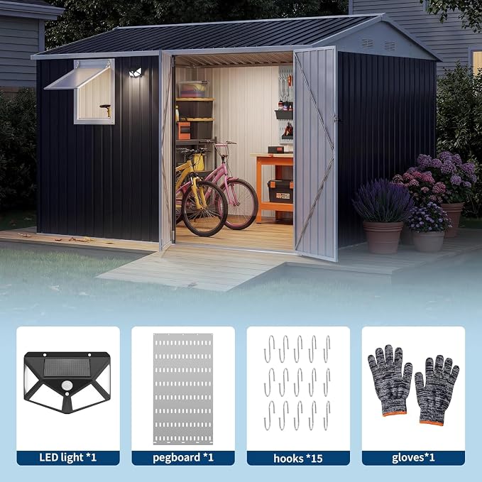 Garvee 10x8 FT Heavy-Duty Metal Outdoor Storage Shed with Solar Light | Motion Sensor Light, Window, Pegboard Tool Organizer, Lockable Doors, 4 Air Vents for Garden Patio Backyard Garage