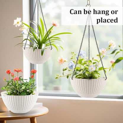 RooTrimmer Hanging Planters for Indoor Outdoor Plants 8 and 10 Inch, 4 Packs Hanging Flower Pot with Drainage Holes, Self-Watering Hanging Basket Perfect for Home, Office and Garden, White