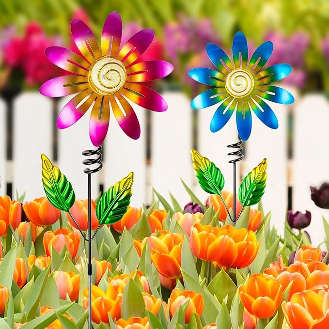 Metal Flowers Decorative Garden Stakes, 2 Pack 25'' Flower Garden Decor for Outside Spring Yard Decor, Flower Metal Yard Art for Fence Landscape Pot Patio Decor (Pink & Blue)