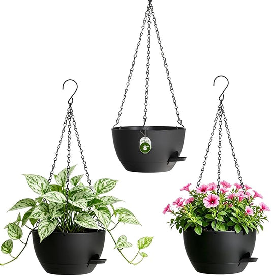 8 Inch Self Watering Hanging Planters Set of 3 with Saucers | Set of 3 8-inch self-watering hanging planters with side-fill watering ports, chain hangers & snap-on saucers