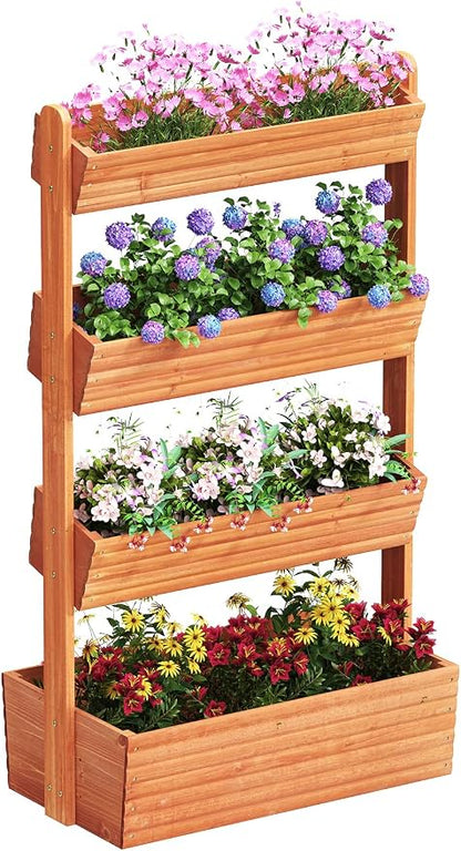 kiplant Adjustable Angle 4-Tiered Wooden Raised Garden Bed, Freestanding Vertical Planter Rack, Plant Box for Herbs, Veggies & Flowers, Indoor & Outdoor Gardening