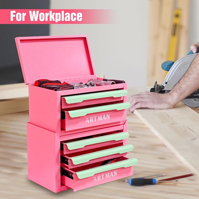 Metal Tool Box with Sliding Drawers, 5-Drawer Desktop Tool Box, Small Steel Tool Chest, Portable Benchtop Toolbox for Jewelry & Office DIY Pink&Creamy Green
