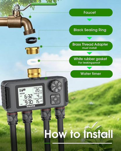 Insoma Water Timer with Brass Inlet, 4 Independent Zones Outdoor Hose Timer for Garden Faucet with Auto/Manual/Rain Delay Mode, IPX5 Waterproof, Sprinkler Irrigation Controller for Yard Lawn