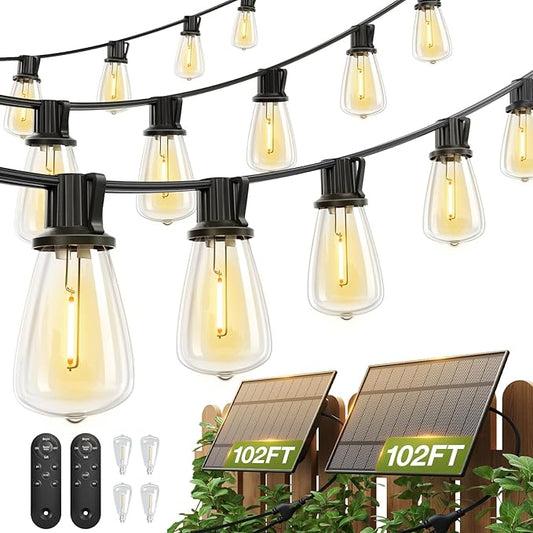 addlon 204FT(2 Pack*102FT) Solar String Lights Waterproof, Patio Lights Solar Powered with Remote & USB Port, 3 Lighting Modes 60+4 LED Shatterproof Bulbs Outdoor Light for Camping Backyard Garden