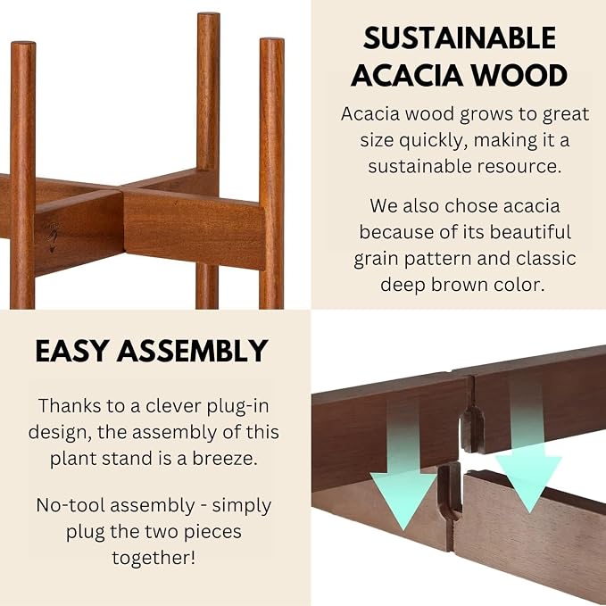 Fox & Fern Mid Century Plant Stand — 10 Inch Fixed Size Wooden Plant Stand for Indoor Planters (Not Included) - Raised Flower Pot Holder for Indoors - Plug In Design - Two Height Options - Acacia