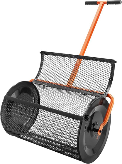VEVOR Compost Spreader, 24.4-25.6" Height Adjustable Handle, 24" Wide, Lawn and Garden Peat Moss Roller with Side Latches, Powder Coated Steel Mesh Basket for Spreading Manure, Topsoil, Black | 24.4-25.6" Height Adjustable Handle, Powder Coated Steel M...
